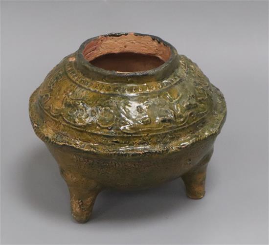 A Chinese green-glazed tripod jar with hunting scenes, Han Dynasty height 15cm